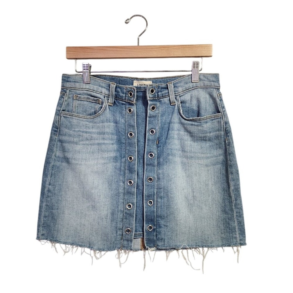 L'AGENCE‎ Denim Mini Skirt Raw Hem Eyelet Detail Y2K Size 27